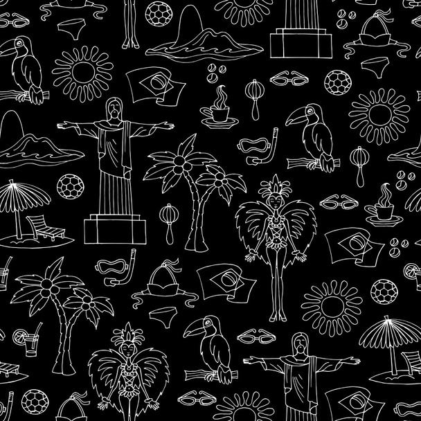 Vector seamless pattern with hand drawn symbols of Brazil on bla - Vector, afbeelding