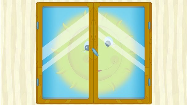 Sceny kreskówki z pogodą w oknie - słoneczny - Zdjęcie, obraz
