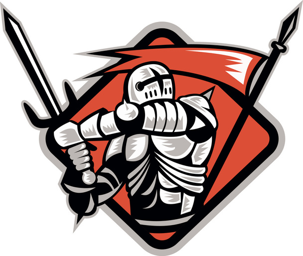 Knight Crusader With Sword Flag Retro - Vector, Image