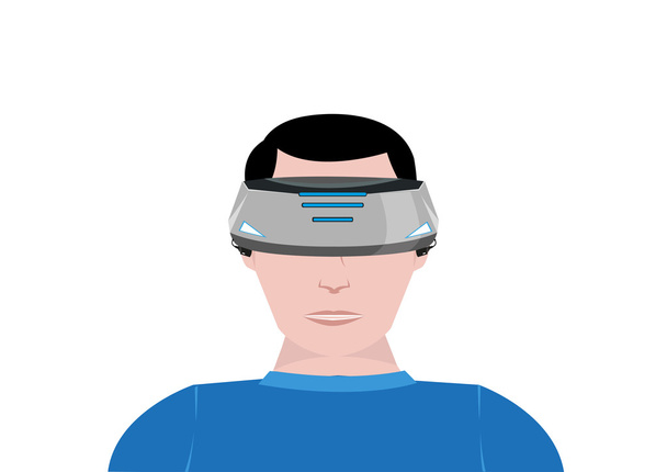 Человек использует устройство Виртуальной Реальности для 360 видеоигр. Стол Clip Art
. - Вектор,изображение
