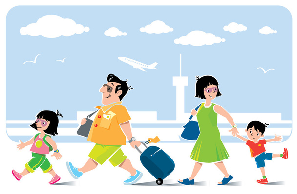 Funny family in airport goes on vacation. - Vector, Image