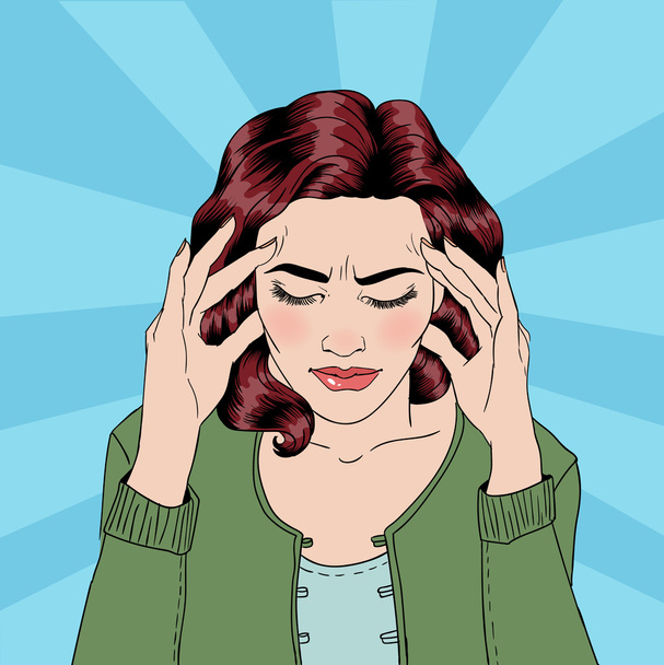 Woman has a Headache. Woman Stress. Stress at Home. Stress at Work. Exhausted Woman. Woman in depression. Painful Feeling. Pop Art Banner. Vector illustration. Comic style - Vector, Image