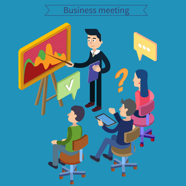 Business Meeting. Team Working. Man with Tablet. Work Planning. Office Life. Training Course. Isometric Concept. Vector illustration - Vector, afbeelding