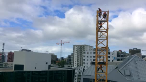 Auckland - 12 Apr 2016:Time verval van bouwers monteren een toren kraan. Zestig procent van de bouwvakkers die stierf op de baan werden gedood door vallen van daken, steigers of andere hoogten. - Video