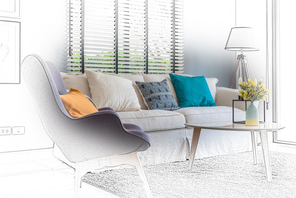 schets ontwerp van moderne woonkamer met moderne stoel en Bank  - Foto, afbeelding