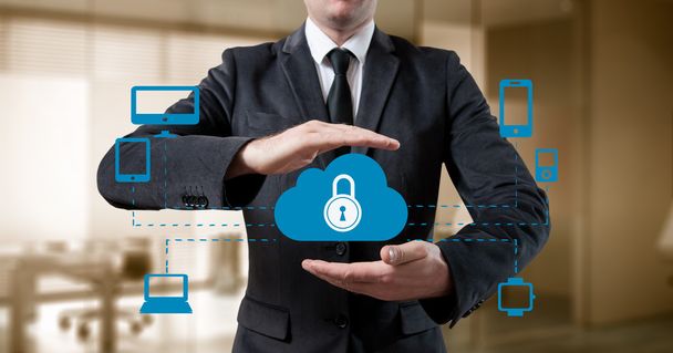 Bescherm wolk informatie gegevens concept. Veiligheid en beveiliging van gegevens van de wolk - Foto, afbeelding
