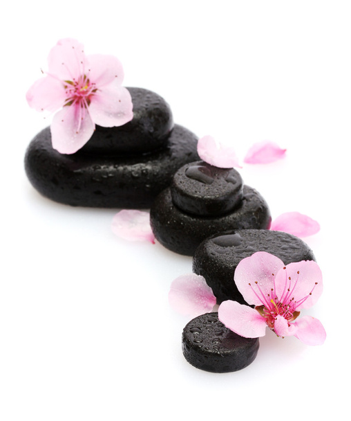 Spa stones with drops and pink sakura flowers isolated on white - Photo, image