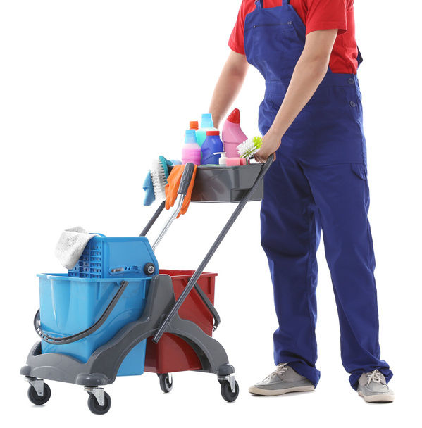 janitor with cleaner cart - Zdjęcie, obraz
