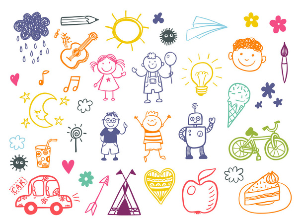 Šťastné děti doodle sada s hračkami - Vektor, obrázek