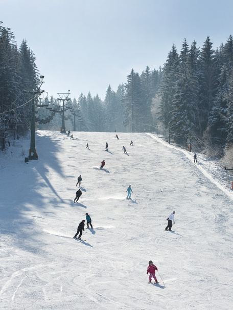 Esquiadores y snowboarders bajando la pendiente
  - Foto, Imagen