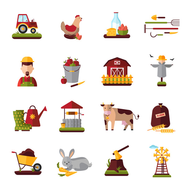 Коллекция плоских иконок крестьянской фермы
 - Вектор,изображение