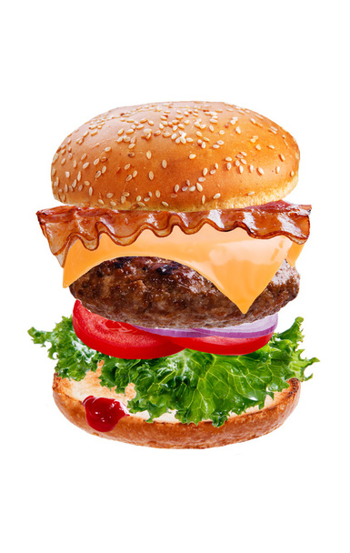 hamburger hamburger avec des ingrédients volants tombant sur fond blanc
 - Photo, image