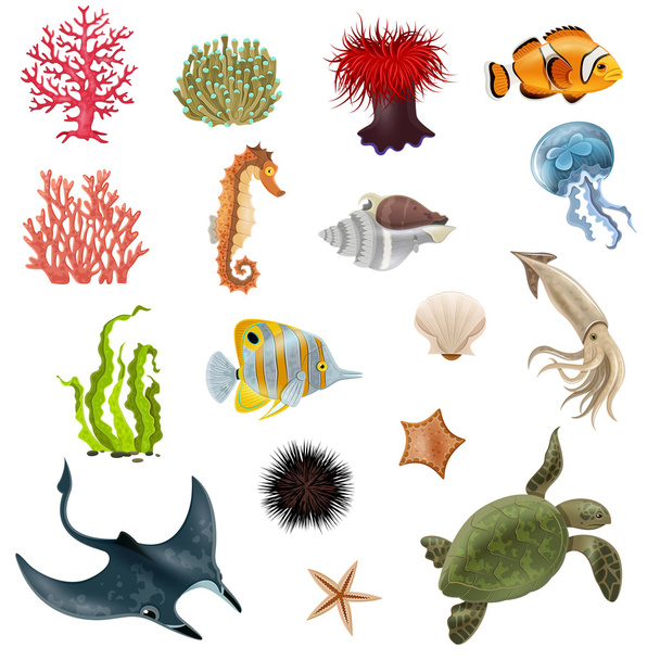 Sea Life Cartoon Icons Set - Wektor, obraz