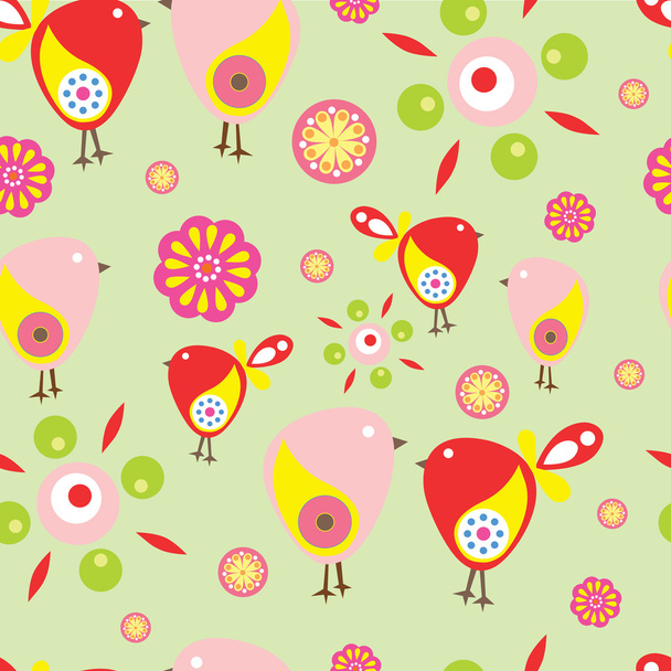 Naadloze patroon met vogels en bloemen met groene achtergrond - Vector, afbeelding