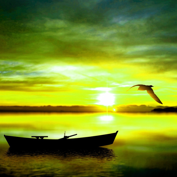 Bateau et oiseau au coucher du soleil
 - Photo, image