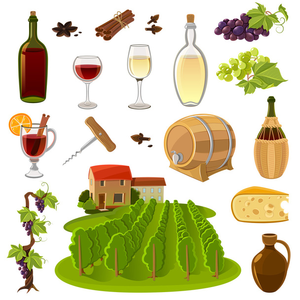 Wine Cartoon Icons Set - Vector, Image