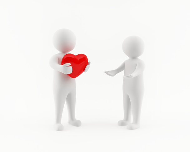 bir kadın için kırmızı bir kalp sunan 3d adam - Fotoğraf, Görsel