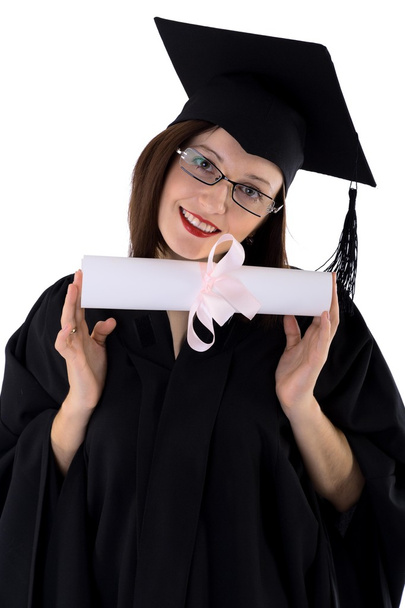 Young girl in student mantle with diploma - Фото, зображення