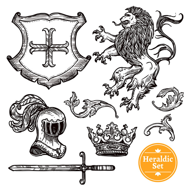 Symbole heraldyczne zestaw czarny Doodle szkic - Wektor, obraz