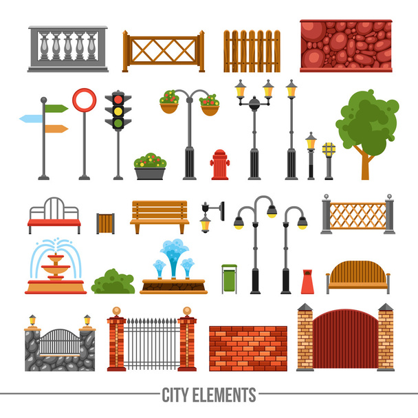 Ciudad Elementos Conjunto de iconos planos
 - Vector, Imagen