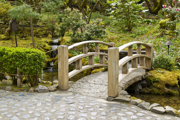 brug oversteken stream in Japanse tuin - Foto, afbeelding