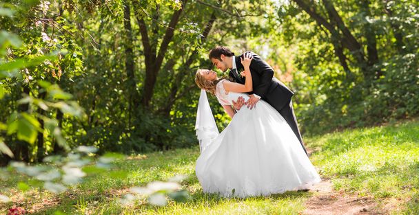 schönes Hochzeitspaar im Park. sie küssen und umarmen sich - Foto, Bild
