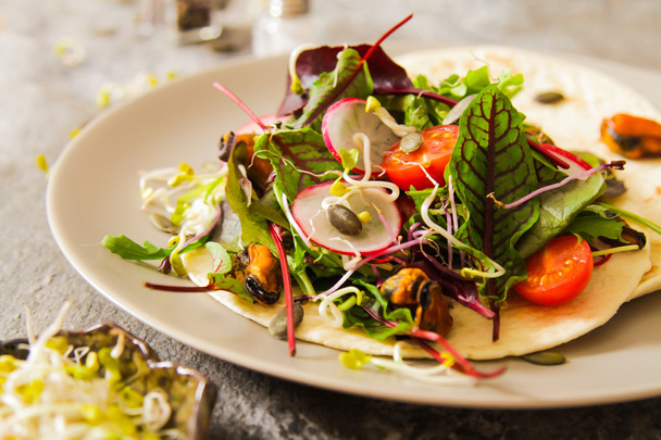 salad with tomato and radish sprouts for dinner - Φωτογραφία, εικόνα