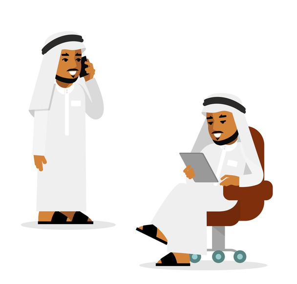 Arabi mies tabletin tietokone ja älypuhelin internet työskentely käsite
 - Vektori, kuva