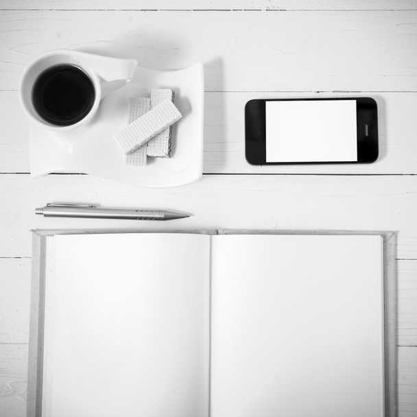 coffee cup with wafer,phone,notebook vintage style - Fotoğraf, Görsel