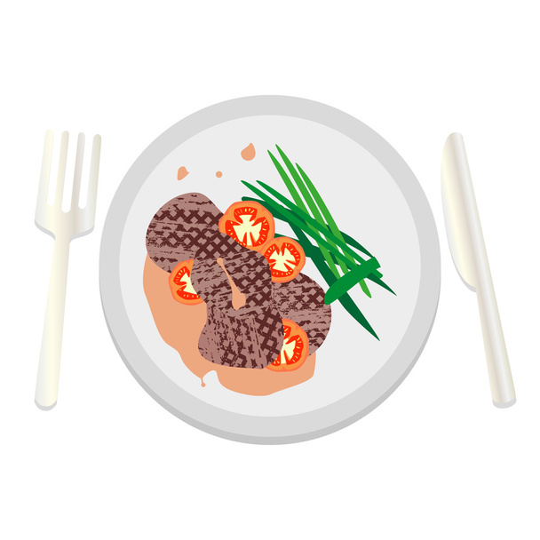 Medaillons van kalfsvlees met saus en tomaten op een witte plaat - Vector, afbeelding