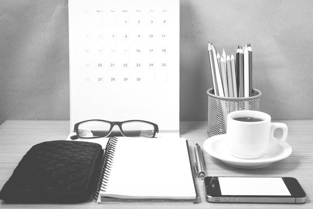 office desk : coffee with phone,wallet,calendar,heart,notepad,ey - Foto, Imagen