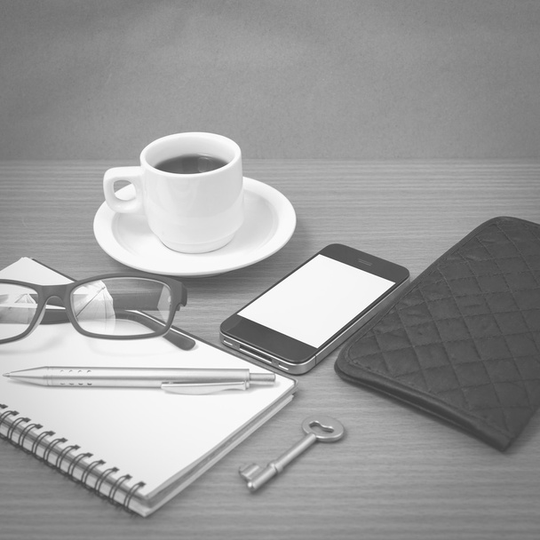 coffee and phone with notepad,key,eyeglasses and wallet black an - Fotoğraf, Görsel