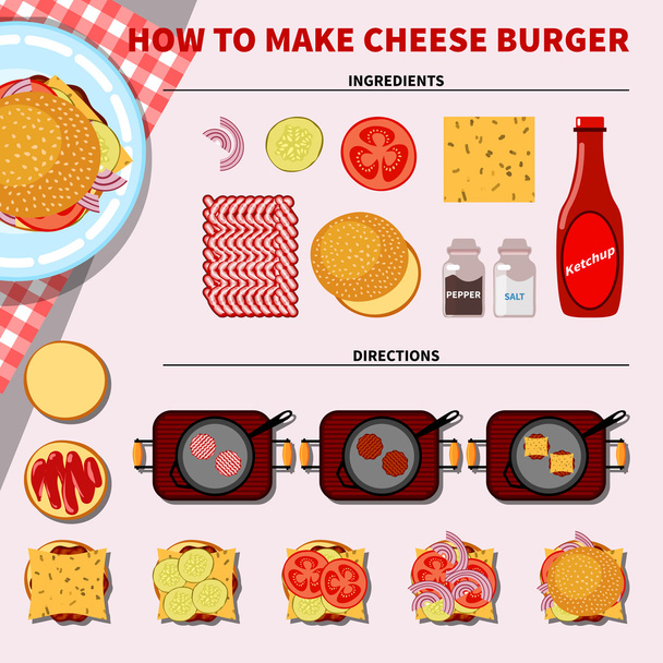 Infografía de la receta para hacer hamburguesa de queso
 - Vector, imagen
