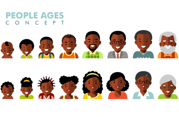 Africké americké etnické lidé generace avatary v různém věku - Vektor, obrázek
