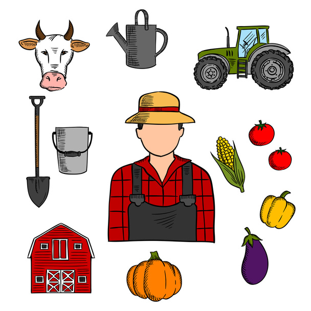 Maanviljelijä, jolla on maatalouden kuvakkeet
 - Vektori, kuva