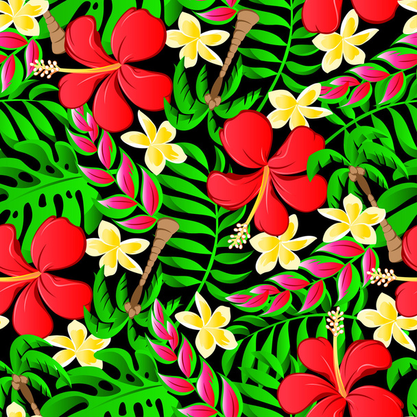 A frangipani trópusi pálmák és hibiszkusz virágok zökkenőmentes minta - Vektor, kép