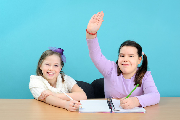 két lány csinálsz iskolai munkájukat az osztályteremben - Fotó, kép