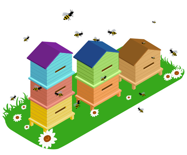Isometric apiary set. Apiary vector illustration Honey bank vector illustrations Bee, honey, honey bank, honeycomb. - Vector, Image