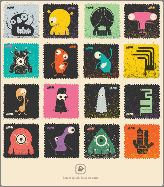 Set of retro postage`s stamp with funny color monsters. - Vetor, Imagem