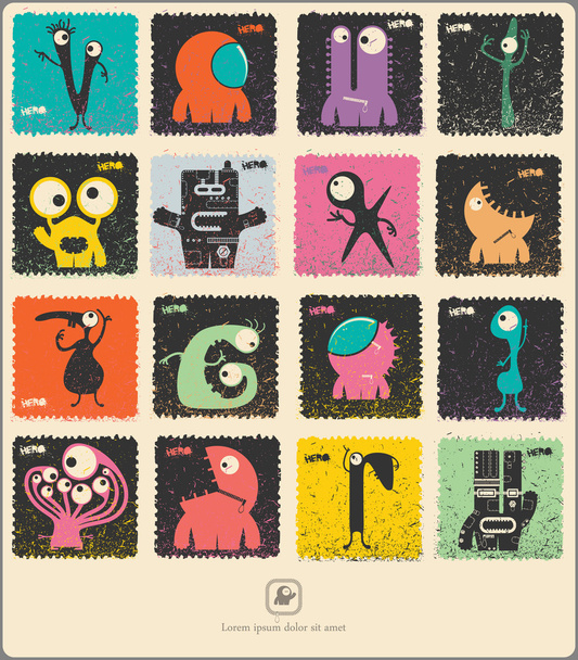 Set of retro postage`s stamp with funny color monsters. - Vektori, kuva