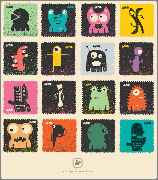 Set of retro postage`s stamp with funny color monsters. - Vetor, Imagem