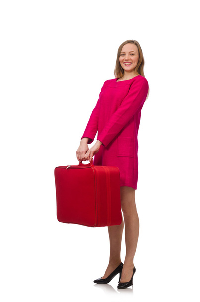 Красивая девушка в розовом платье с чемоданом
 - Фото, изображение