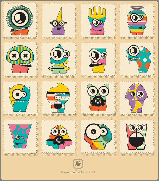 Set of retro postage`s stamp with funny color monsters. - Vektör, Görsel