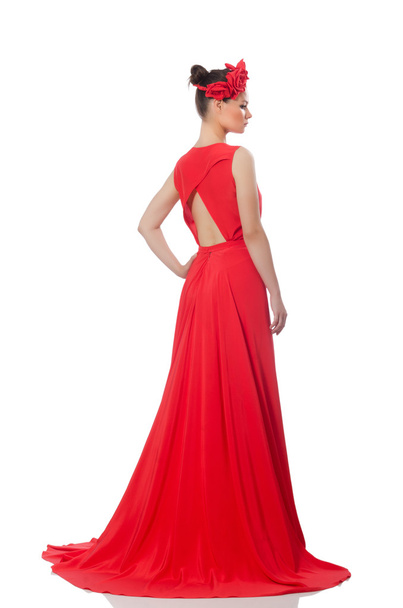 Bonito modelo caucásico en vestido de noche largo rojo
 - Foto, Imagen