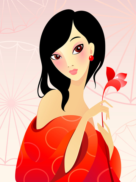 Girl in red with flower - Vektori, kuva