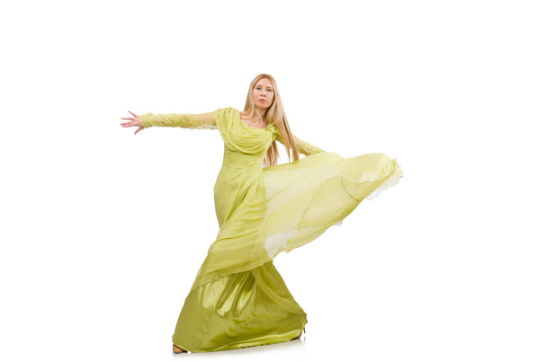 Junge Frau im eleganten langen grünen Kleid isoliert auf weiß - Foto, Bild
