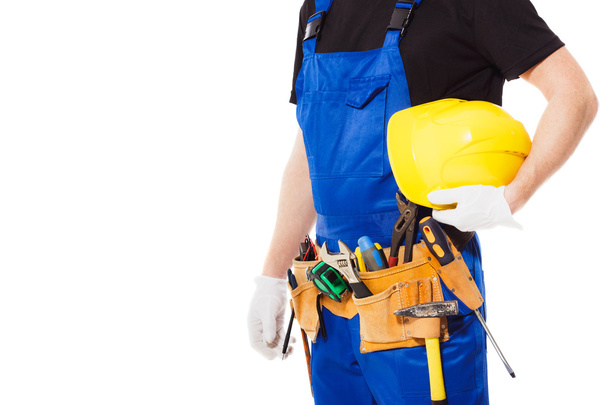 Человек строитель с набором строительных инструментов, изолированные
 - Фото, изображение