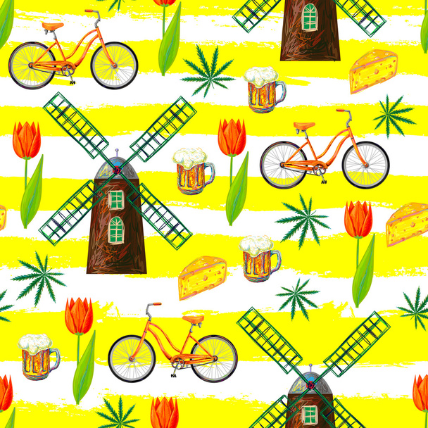 Netherlands seamless pattern with windmills - Vector, Image