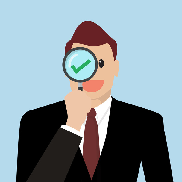 Businessman check the quality through a magnifying glass - Vector, Image