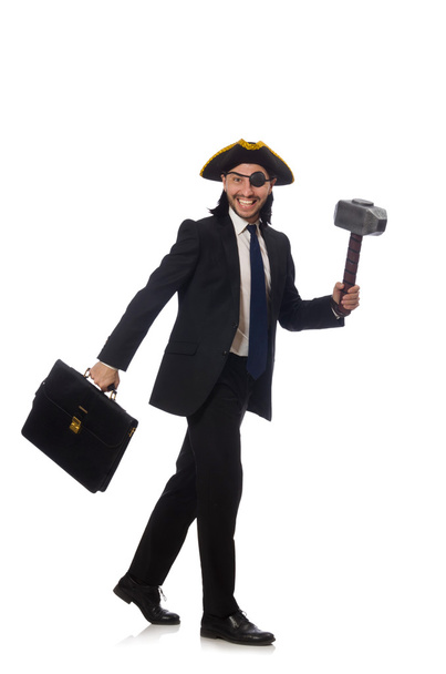 Піратський бізнесмен з молотком і портфелем ізольовані на білому
 - Фото, зображення